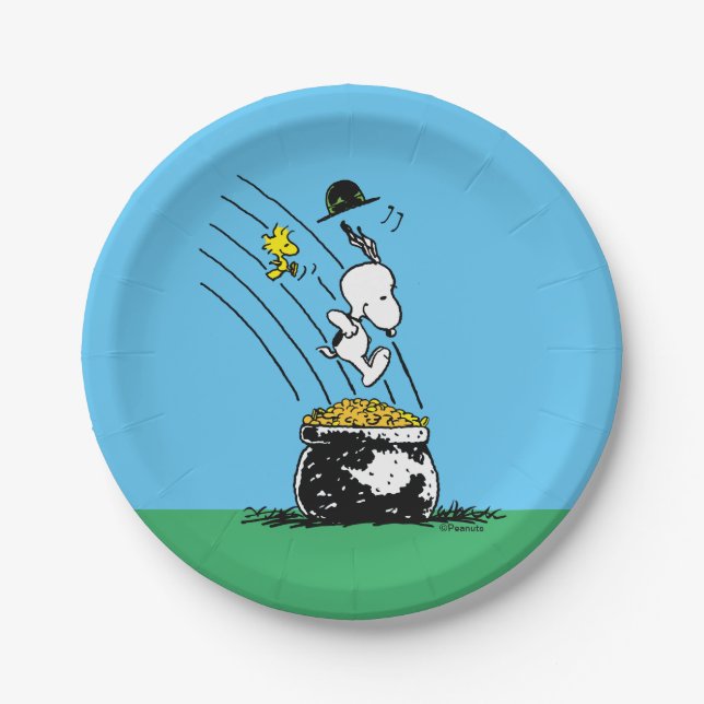 Snoopy Jumping into Pot of Gold Paper Plates (Front)