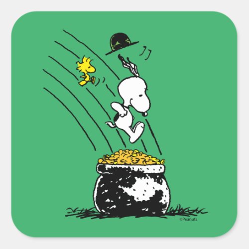 Snoopy Jumping into Pot of Gold Square Sticker