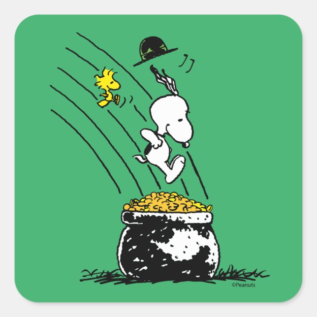 Snoopy Jumping into Pot of Gold Square Sticker (Front)