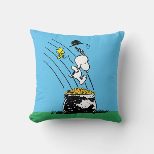 Snoopy Jumping into Pot of Gold Throw Pillow