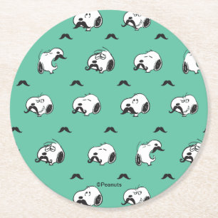 Snoopy Mustaches & Teal Pattern Round Paper Coaster