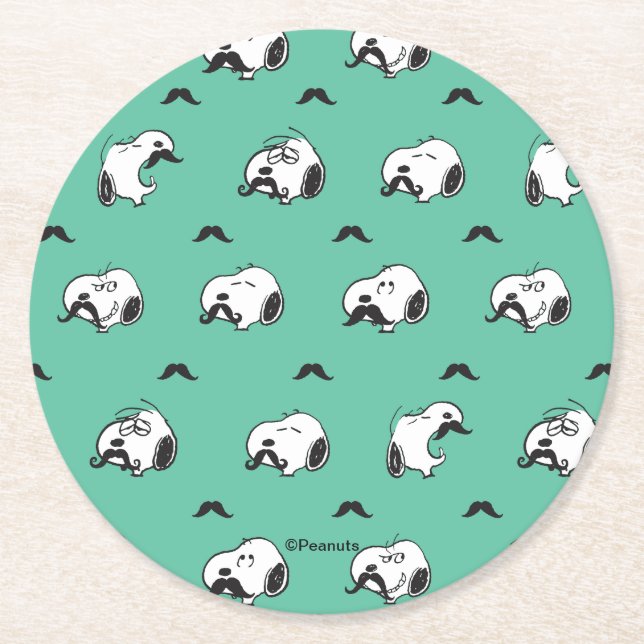 Snoopy Mustaches & Teal Pattern Round Paper Coaster (Front)