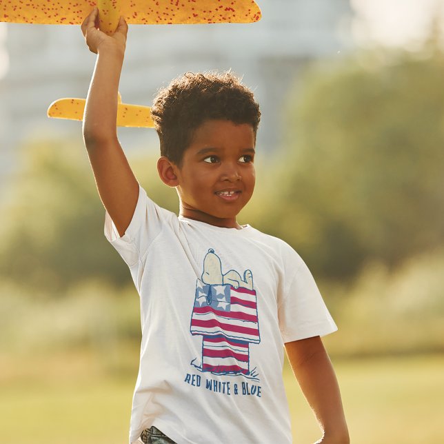 Snoopy on 4th of July Dog House T-Shirt (Kid wearing t-shirt)
