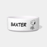 Snoopy on Black White Comics | Add Pet Name Bowl<br><div class="desc">This Peanuts artwork features Snoopy sitting on background of black and white Charles M. Schulz comic strips.</div>