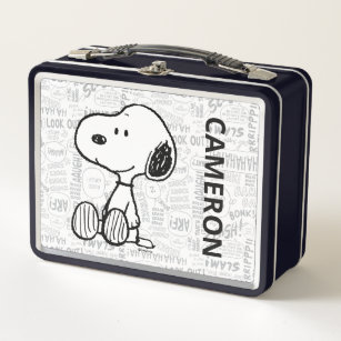 Snoopy on Black White Comics   Add Your Name Metal Lunch Box