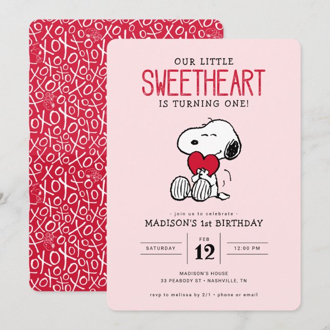 Snoopy | Our Little Sweetheart First Birthday Invitation (Front/Back)