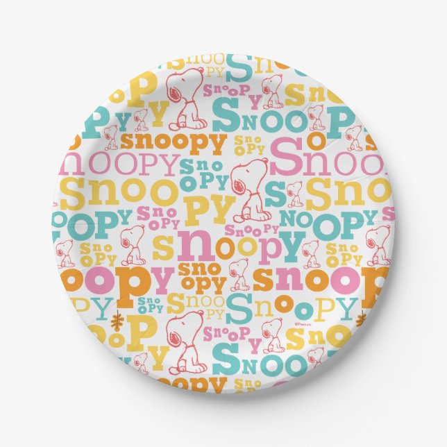 Snoopy Pastel Text Pattern Paper Plates (Front)
