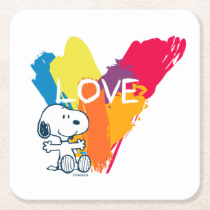 Snoopy Rainbow Love Heart Square Paper Coaster