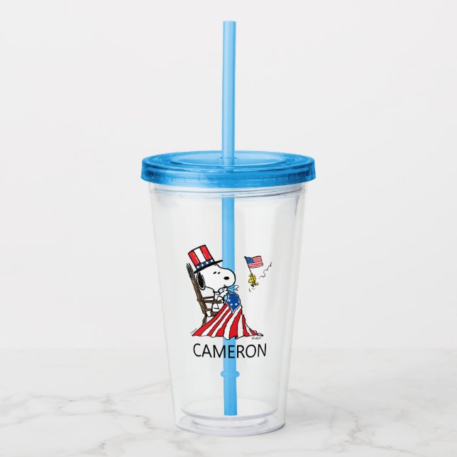 Snoopy Sewing 4th of July Flag Acrylic Tumbler (Front)