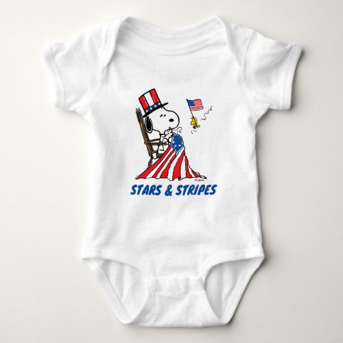 Snoopy Sewing 4th of July Flag Baby Bodysuit