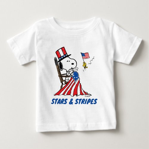 Snoopy Sewing 4th of July Flag Baby T-Shirt