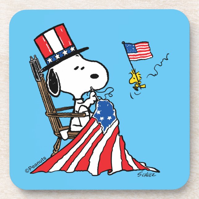 Snoopy Sewing 4th of July Flag Beverage Coaster (Front)