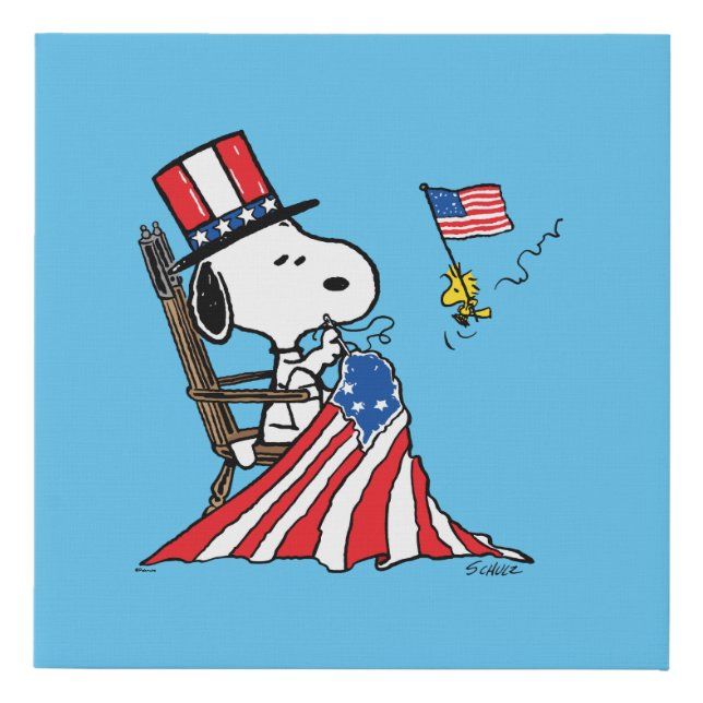 Snoopy Sewing 4th of July Flag Faux Canvas Print (Front)