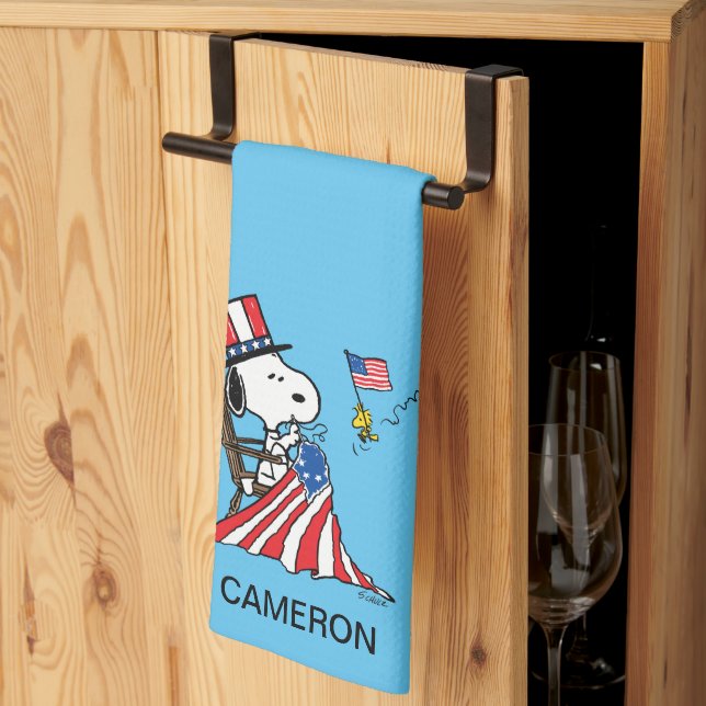 Snoopy Sewing 4th of July Flag Kitchen Towel (Thirds Fold)