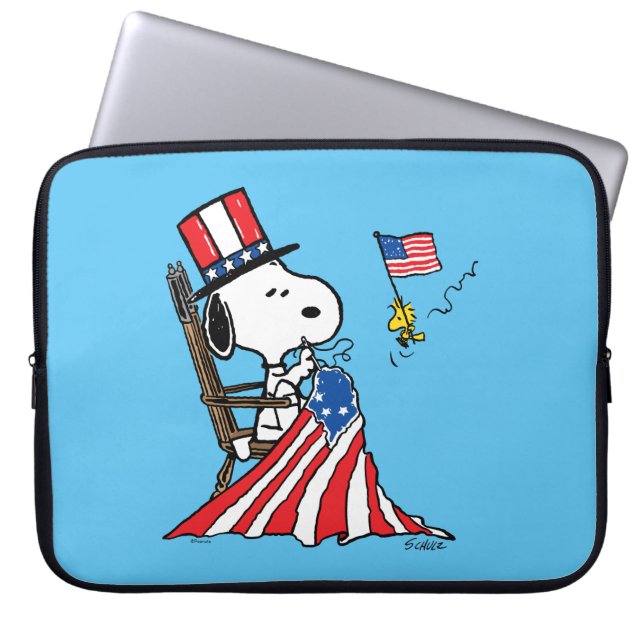 Snoopy Sewing 4th of July Flag Laptop Sleeve (Front)
