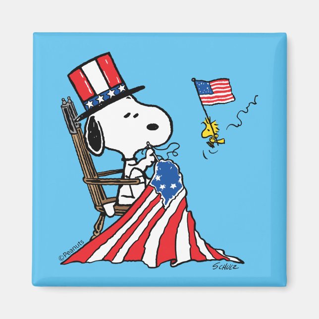 Snoopy Sewing 4th of July Flag Magnet (Front)