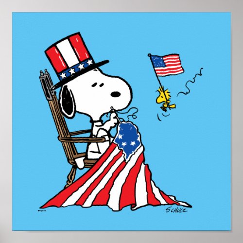 Snoopy Sewing 4th of July Flag Poster