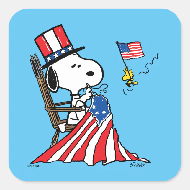 Snoopy Sewing 4th of July Flag Square Sticker | Zazzle