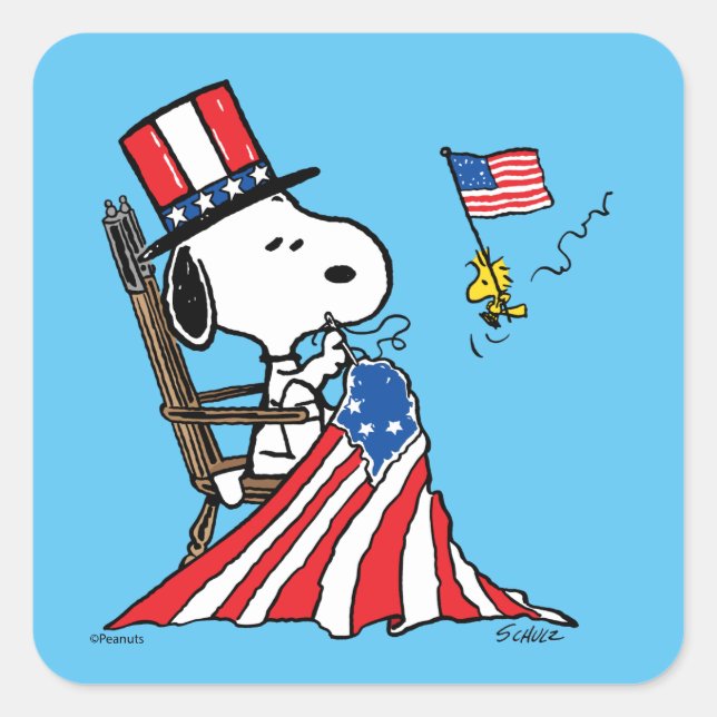 Snoopy Sewing 4th of July Flag Square Sticker (Front)