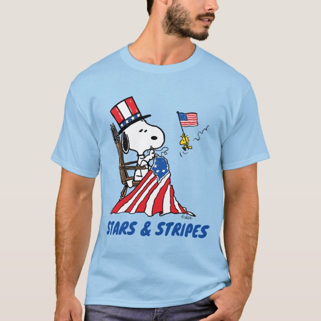 Snoopy Sewing 4th of July Flag T-Shirt (Front)