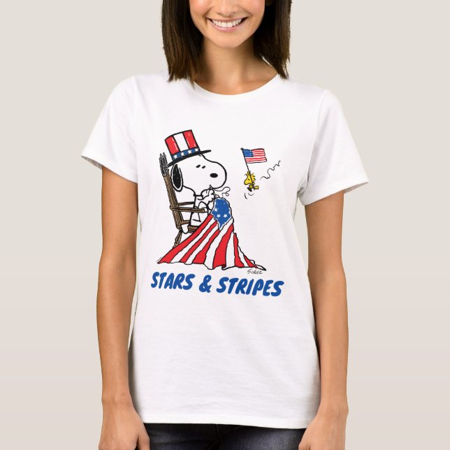 Snoopy Sewing 4th of July Flag T-Shirt (Front)