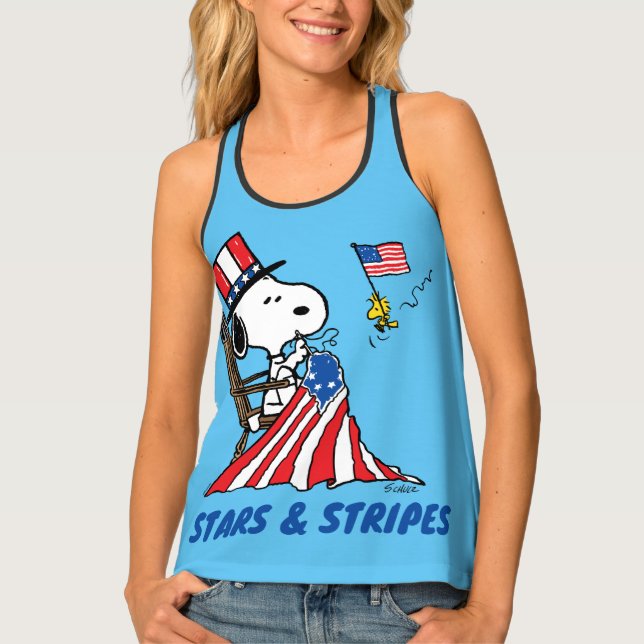 Snoopy Sewing 4th of July Flag Tank Top (Front)