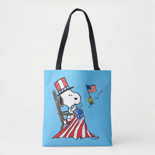 Snoopy Sewing 4th of July Flag Tote Bag