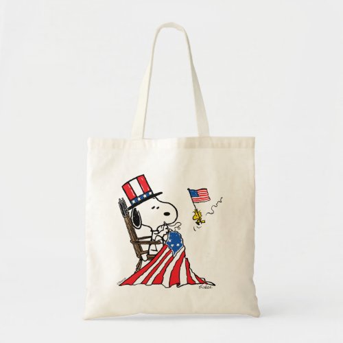 Snoopy Sewing 4th of July Flag Tote Bag