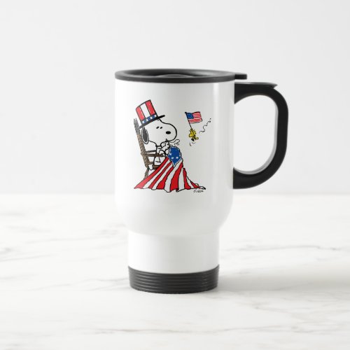 Snoopy Sewing 4th of July Flag Travel Mug