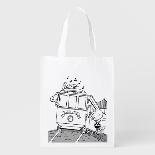 Snoopy Woodstock  Charlie Brown on a Trolley Grocery Bag