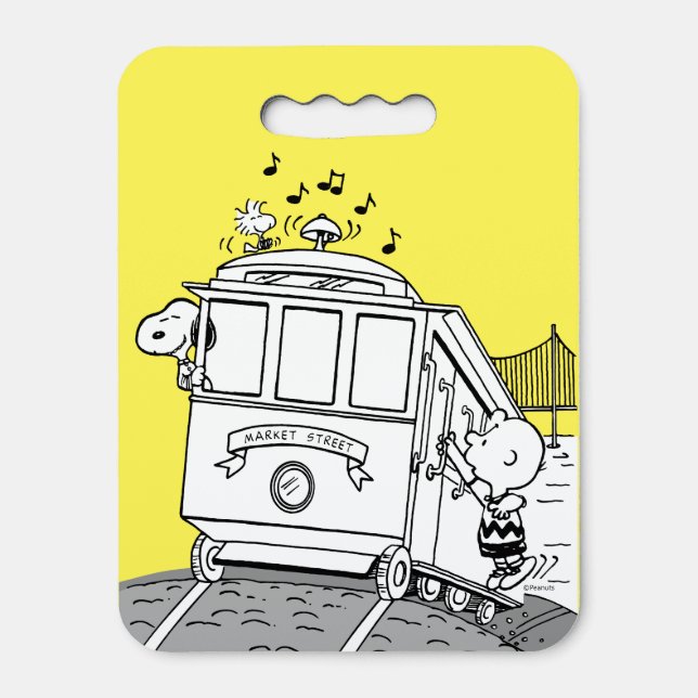 Snoopy, Woodstock, & Charlie Brown on a Trolley Seat Cushion (Front Vertical)