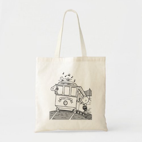 Snoopy Woodstock  Charlie Brown on a Trolley Tote Bag