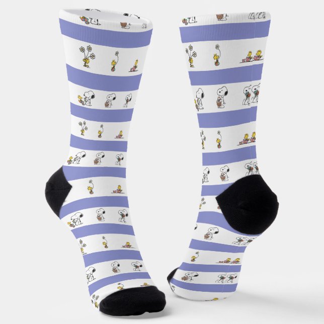 Snoopy & Woodstock Easter Stripe Pattern Socks (Angled)