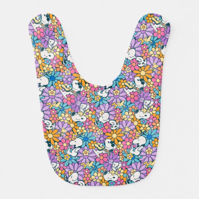 Snoopy & Woodstock Flower Pattern Baby Bib (Front)