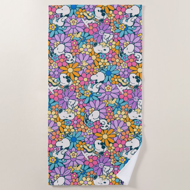 Snoopy & Woodstock Flower Pattern Beach Towel (Front)