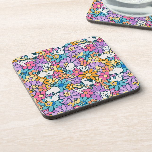 Snoopy & Woodstock Flower Pattern Beverage Coaster (Left Side)