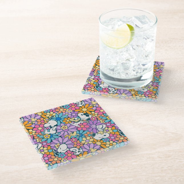 Snoopy & Woodstock Flower Pattern Glass Coaster (Angled)
