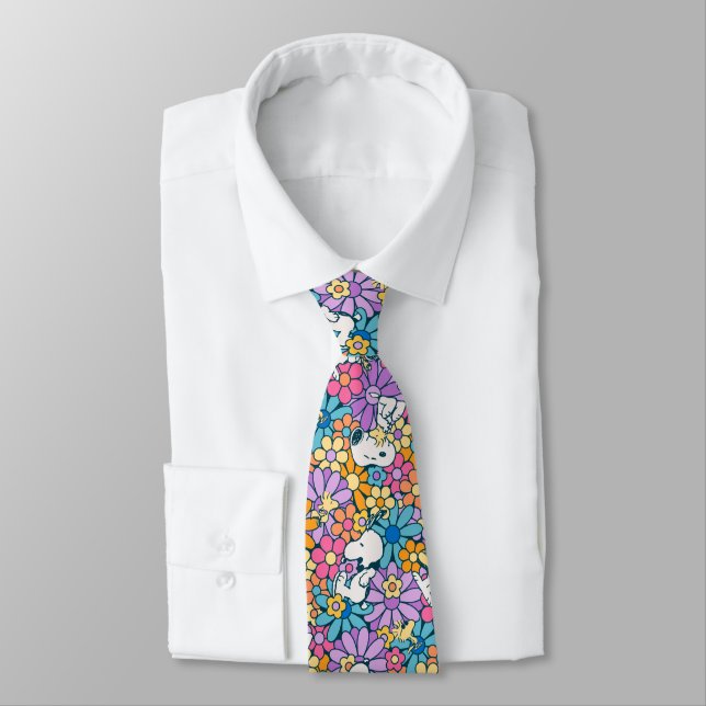 Snoopy & Woodstock Flower Pattern Neck Tie (Tied)
