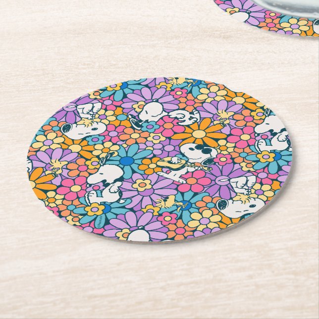 Snoopy & Woodstock Flower Pattern Round Paper Coaster (Angled)