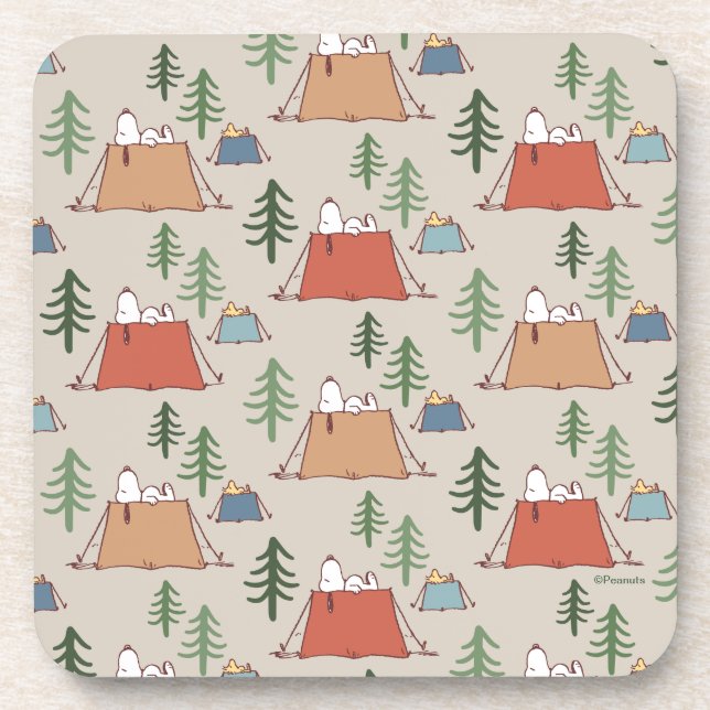 Snoopy & Woodstock Go Camping Pattern Beverage Coaster (Front)