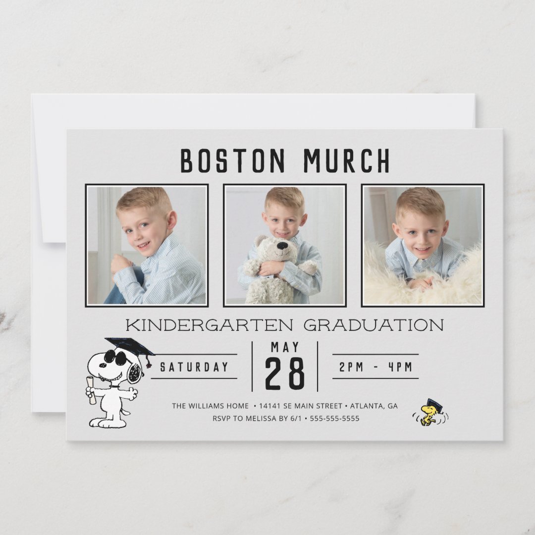 Snoopy & Woodstock Graduation with 3 Photos Invitation (Front)