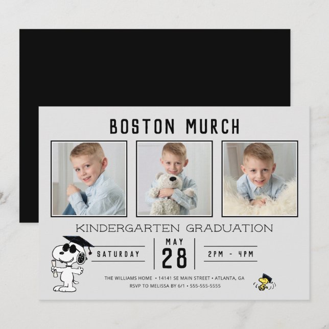Snoopy & Woodstock Graduation with 3 Photos Invitation (Front/Back)