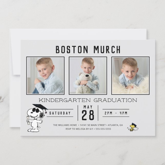 Snoopy & Woodstock Graduation with 3 Photos Invitation (Front)