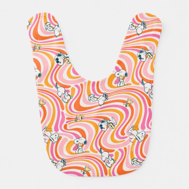 Snoopy & Woodstock Groovy Vibes Orange Pattern Baby Bib (Front)