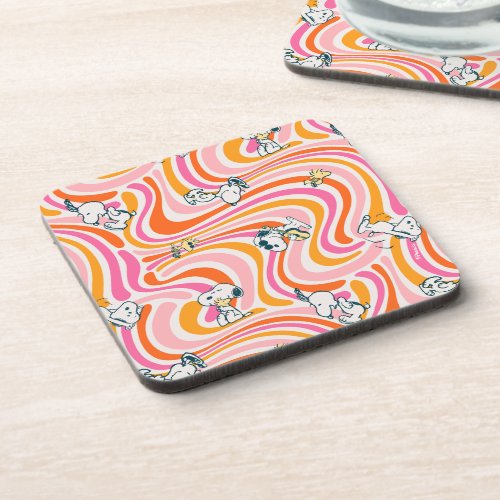 Snoopy  Woodstock Groovy Vibes Orange Pattern Beverage Coaster