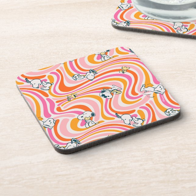 Snoopy & Woodstock Groovy Vibes Orange Pattern Beverage Coaster (Left Side)