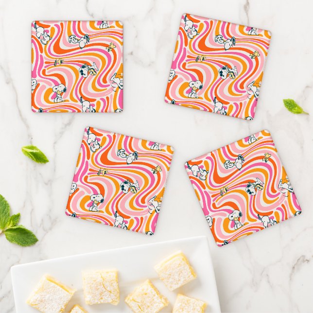Snoopy & Woodstock Groovy Vibes Orange Pattern Coaster Set (In Situ)