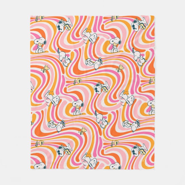 Snoopy & Woodstock Groovy Vibes Orange Pattern Fleece Blanket (Front)