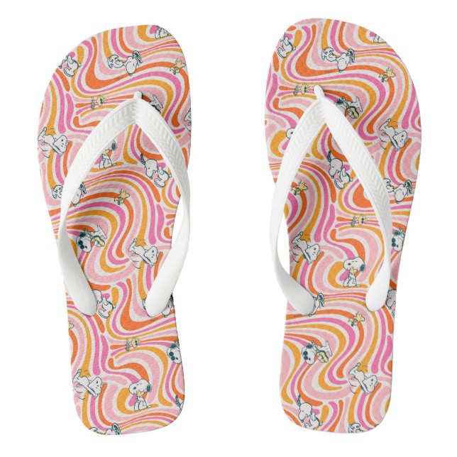 Snoopy & Woodstock Groovy Vibes Orange Pattern Flip Flops (Footbed)