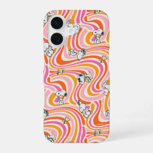 Snoopy & Woodstock Groovy Vibes Orange Pattern iPhone 16 Case